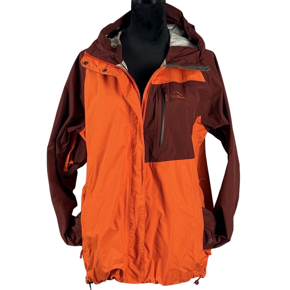 LL Bean Womens L TEC Waterproof‎ Hooded Rain Jacket Orange Hiking Shell Pit Zips
